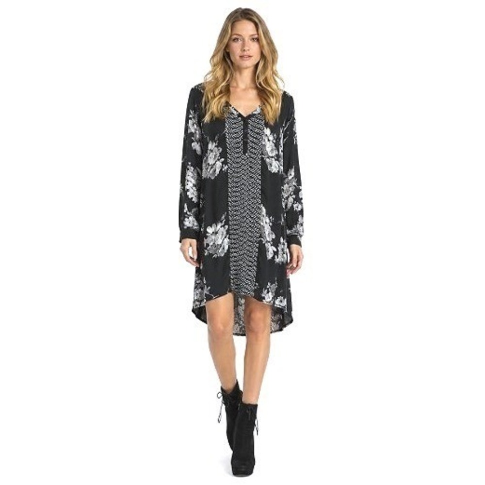 Tolani Black White Floral Tribal 100% Silk Lagenlook Boho Tunic Dress 2X